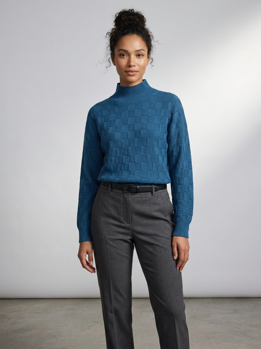 A woman modeling a blue textured mock-neck sweater paired with dark gray trousers, standing against a neutral light gray studio background.