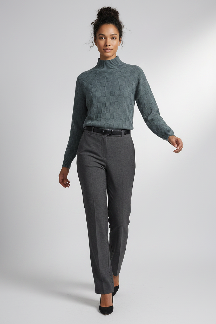 A woman modeling a slate blue-green textured mock-neck sweater paired with dark gray trousers, standing against a neutral light gray studio background.