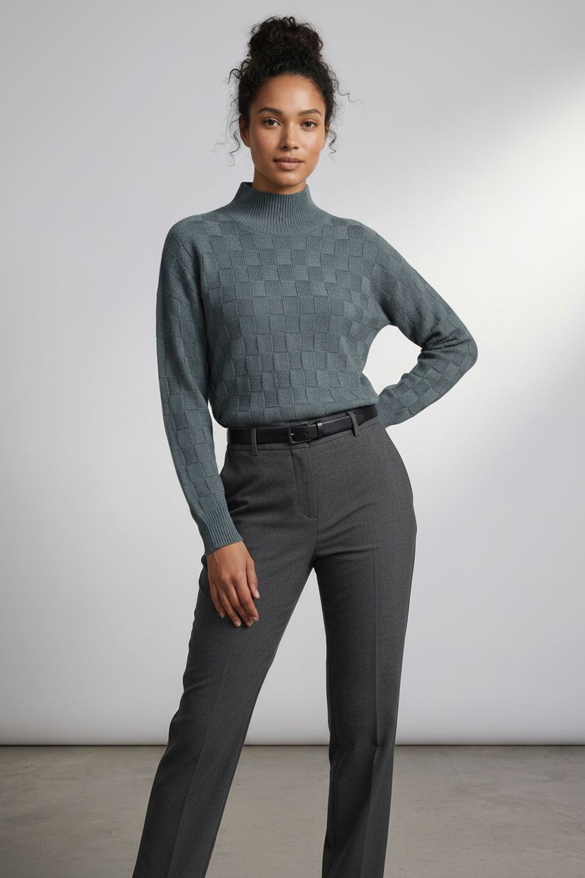 A woman modeling a slate blue-green textured mock-neck sweater paired with dark gray trousers, standing against a neutral light gray studio background.