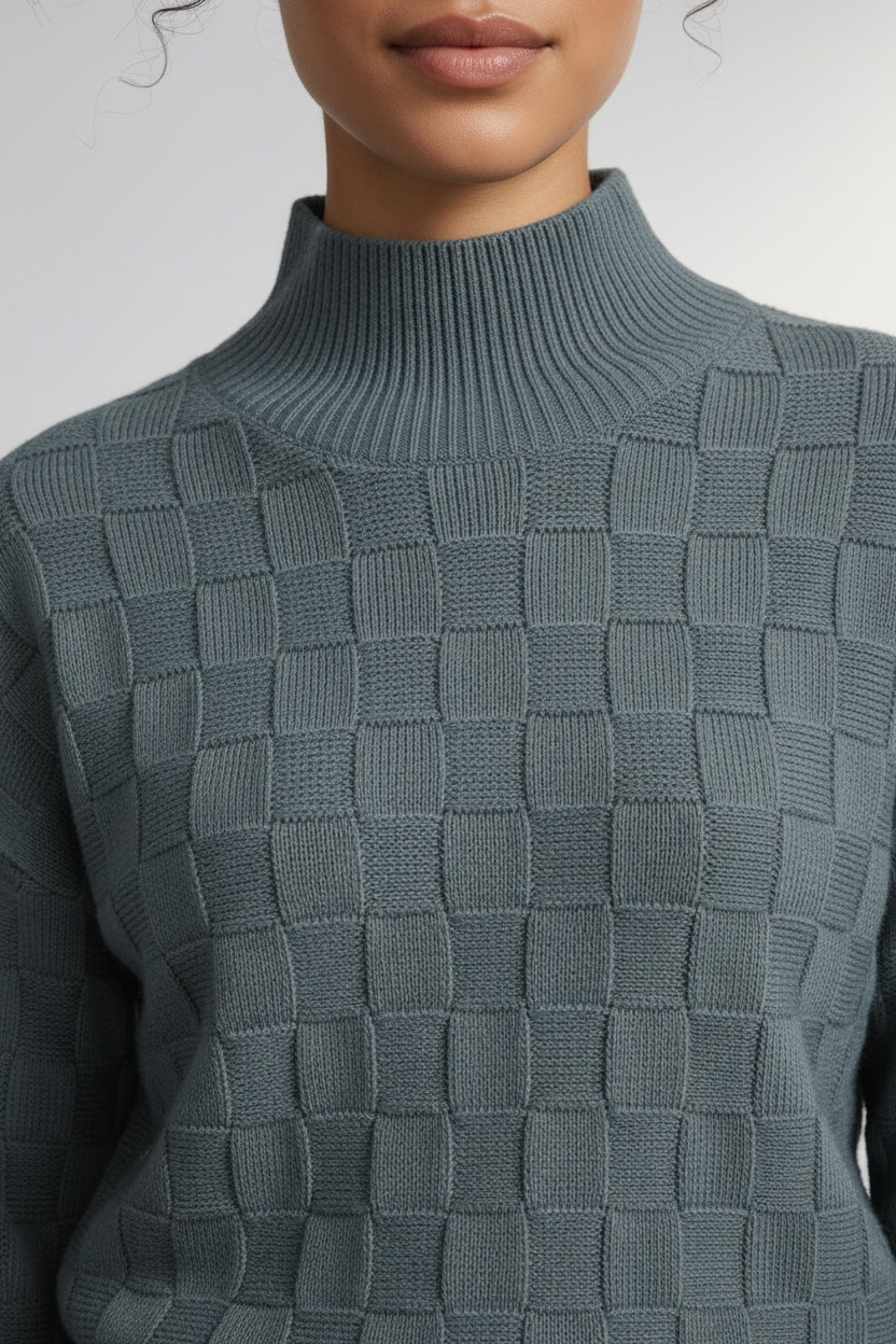 A woman modeling a slate blue-green textured mock-neck sweater paired with dark gray trousers, standing against a neutral light gray studio background.