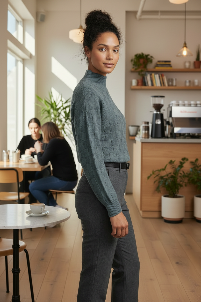 A woman stands in a bright, modern cafe wearing a textured slate blue-gray mock-neck knit sweater and dark gray trousers. The background shows a cozy cafe interior with wooden floors, shelves, and other blurred customers.
