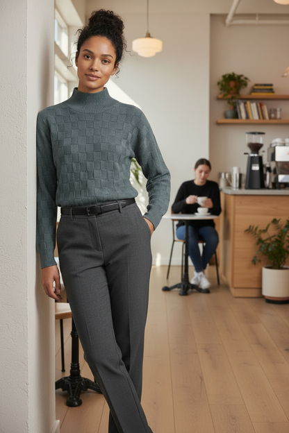 A woman stands in a bright, modern cafe wearing a textured, muted blue-gray mock-neck sweater and dark gray trousers.