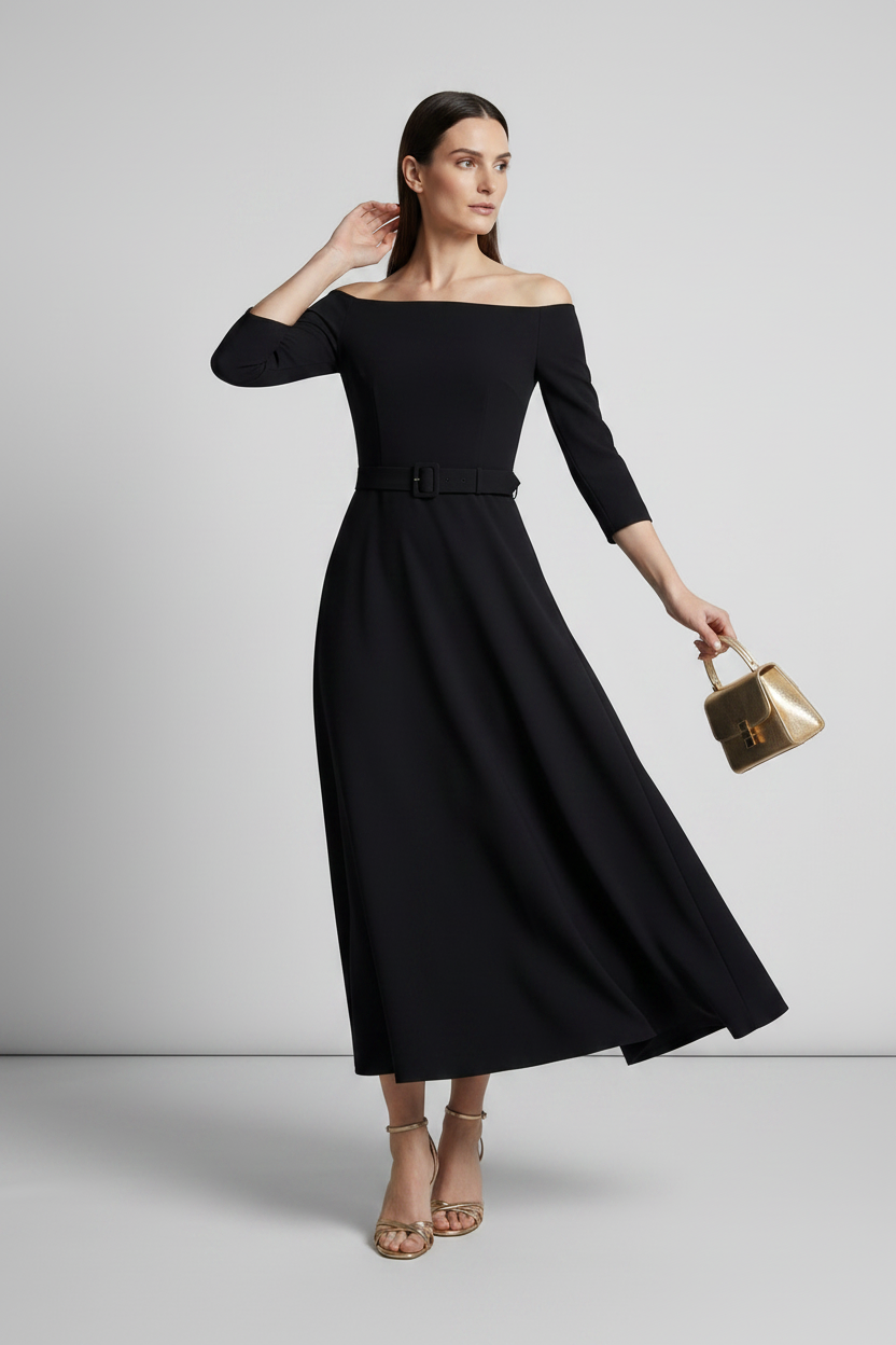 A woman modeling an off-the-shoulder black midi dress with three-quarter sleeves and a matching black belt. She is holding a small gold handbag and wearing gold heeled sandals, set against a plain light gray studio background.
