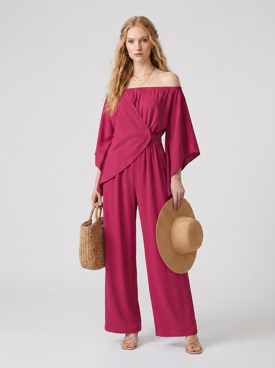 A woman modeling a magenta off-the-shoulder wide-leg jumpsuit, holding a woven straw hat and a small woven tote bag, against a light gray studio background.