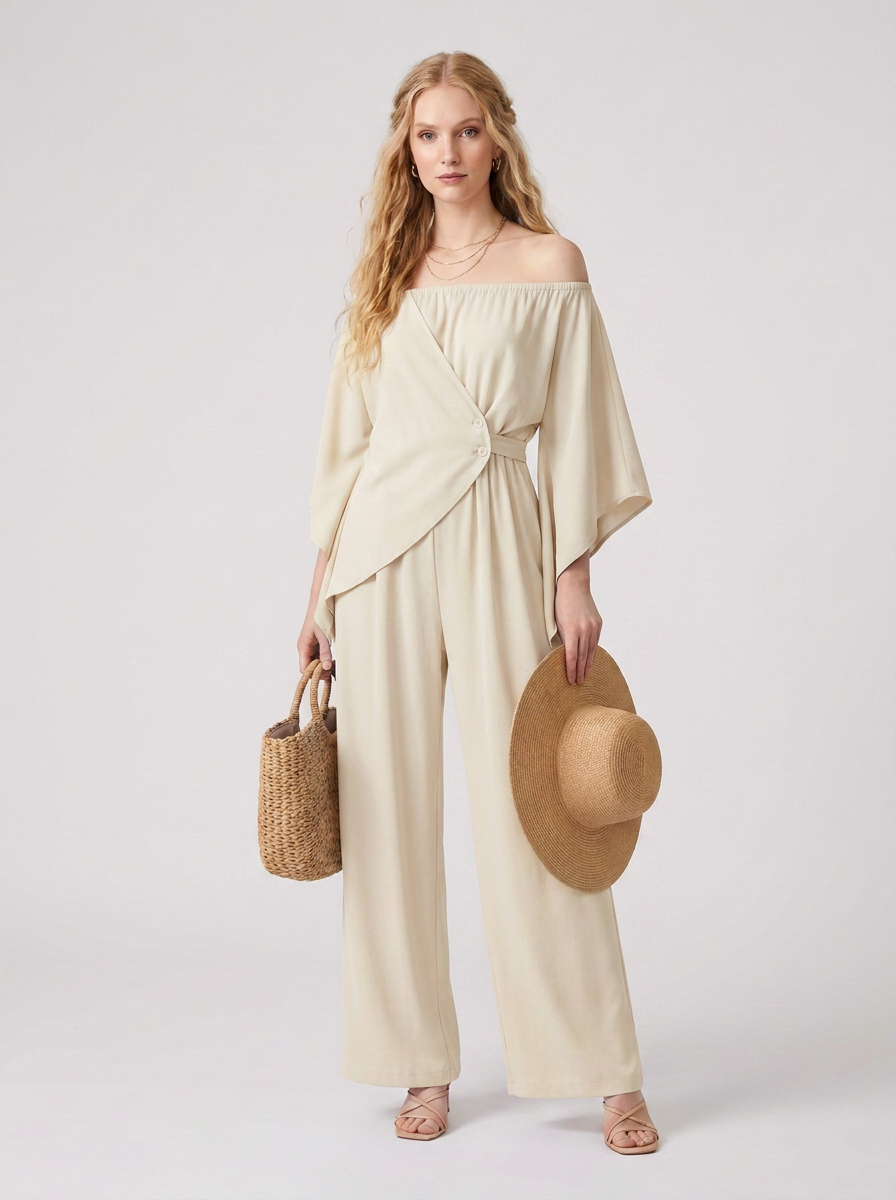 A woman models an off-the-shoulder cream jumpsuit with wide sleeves and wide-leg pants, holding a woven straw hat and a small woven straw bag against a light gray studio background.