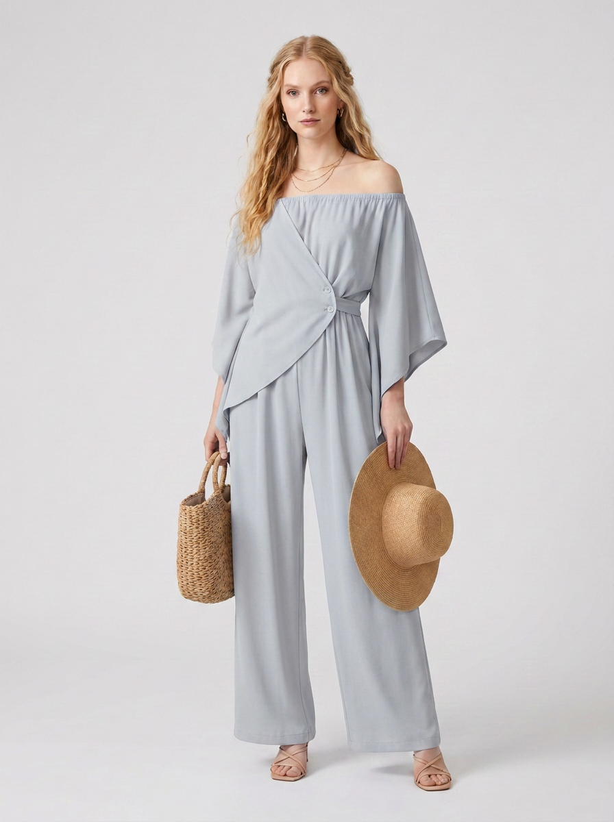 Off-Shoulder Batwing Sleeve Wrap Jumpsuit with Wide Leg Pants in Grey, studio shot