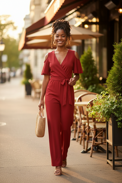 A woman modeling a red cold-shoulder wrap jumpsuit with wide legs and a tie waist, holding a woven straw tote bag against a plain off-white studio background.