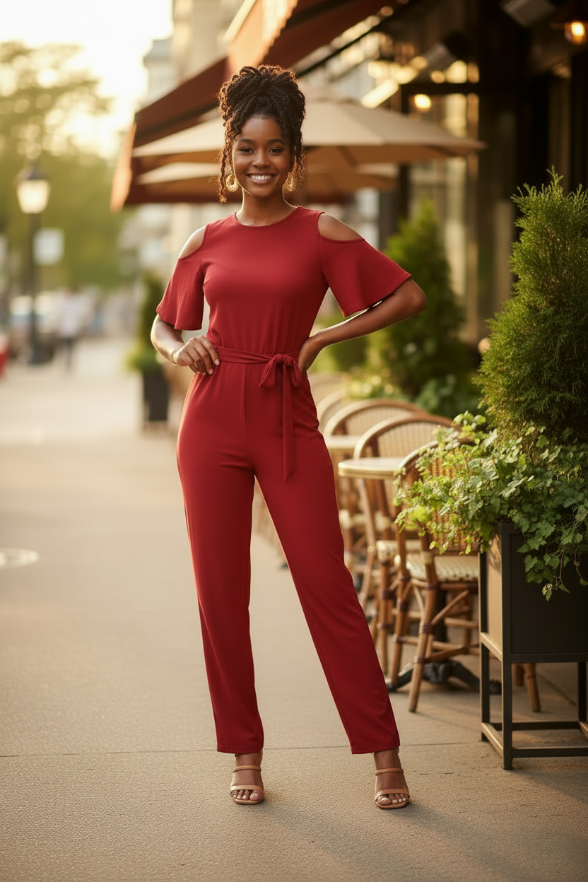 A woman stands on a city sidewalk in front of a cafe, wearing a bright red cold-shoulder jumpsuit with matching red high-heeled sandals and holding a woven straw bag.