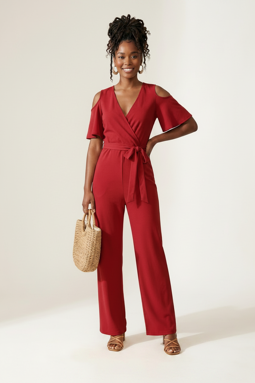 A woman modeling a red cold-shoulder wrap jumpsuit with wide legs and a tie waist, holding a woven straw tote bag against a plain off-white studio background.