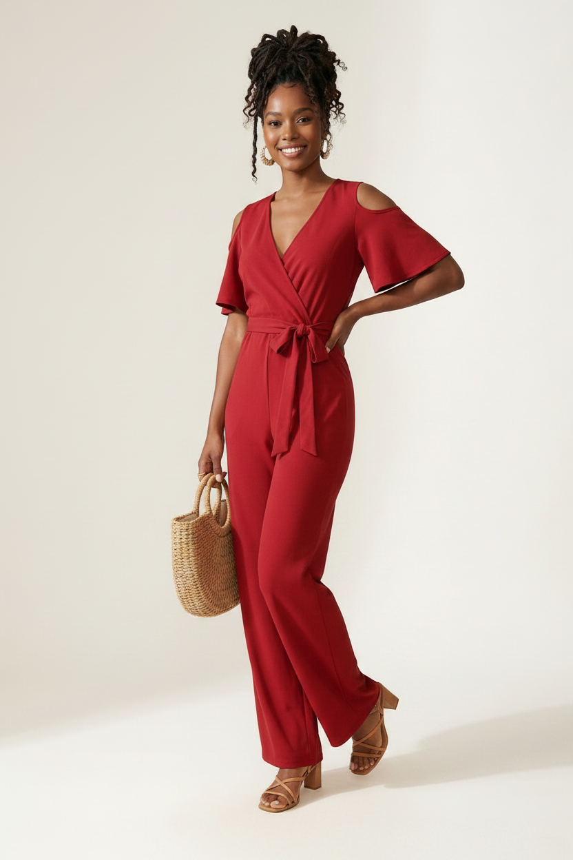 A woman modeling a red cold-shoulder wrap jumpsuit with wide legs and a tie waist, holding a woven straw tote bag against a plain off-white studio background.