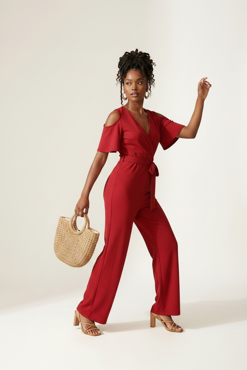 A woman modeling a red cold-shoulder wrap jumpsuit with wide legs and a tie waist, holding a woven straw tote bag against a plain off-white studio background.