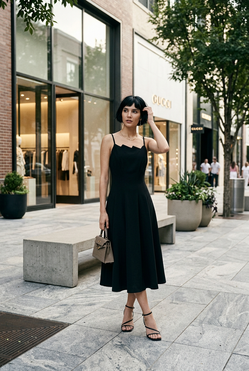 A model with a short dark bob hairstyle wearing a black midi-length spaghetti strap dress with a unique scalloped neckline, paired with black strappy high-heeled sandals, standing against a warm off-white studio background.