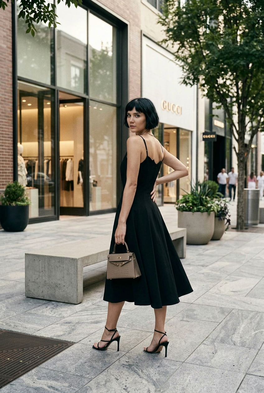 A woman stands on a city sidewalk in front of a Gucci storefront, wearing a sleeveless black midi dress with a scalloped neckline, holding a small taupe handbag and wearing strappy heeled sandals.
