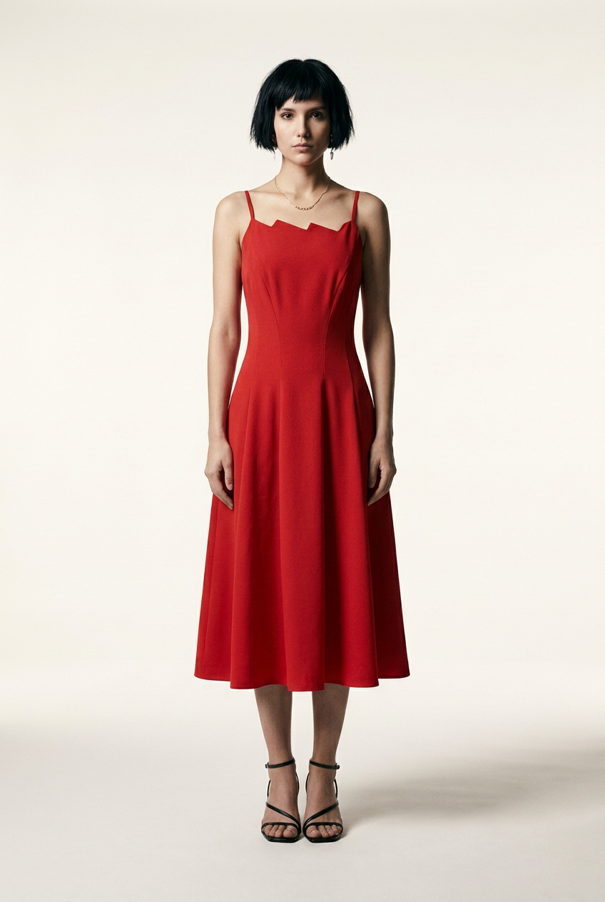 Origami Collar Sleeveless Maxi Dress with Dual Silhouette Fit in Red Pear Shaped, studio shot