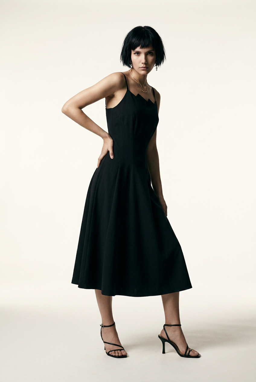 A model with a short dark bob hairstyle wearing a black midi-length spaghetti strap dress with a unique scalloped neckline, paired with black strappy high-heeled sandals, standing against a warm off-white studio background.