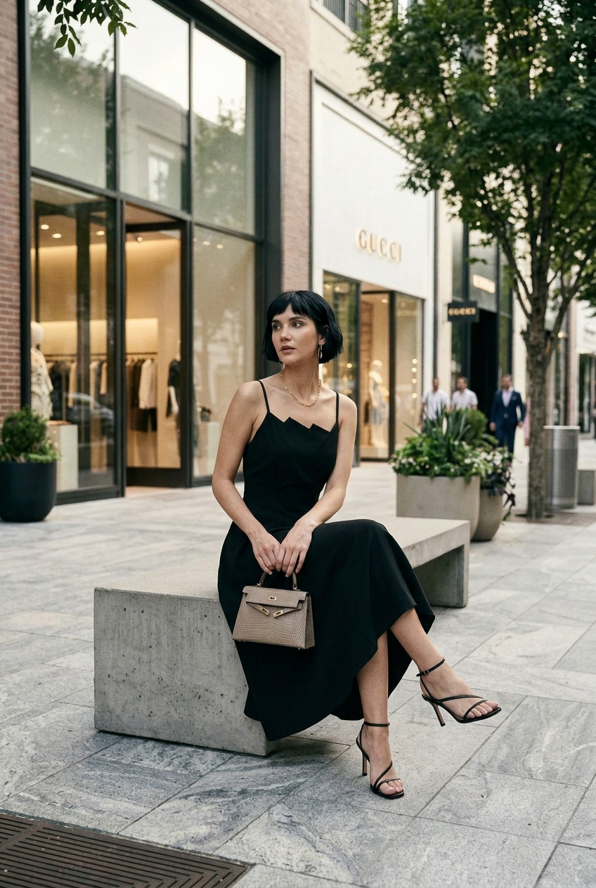 A woman stands on a city sidewalk in front of a Gucci storefront, wearing a sleeveless black midi dress with a scalloped neckline, holding a small taupe handbag and wearing strappy heeled sandals.