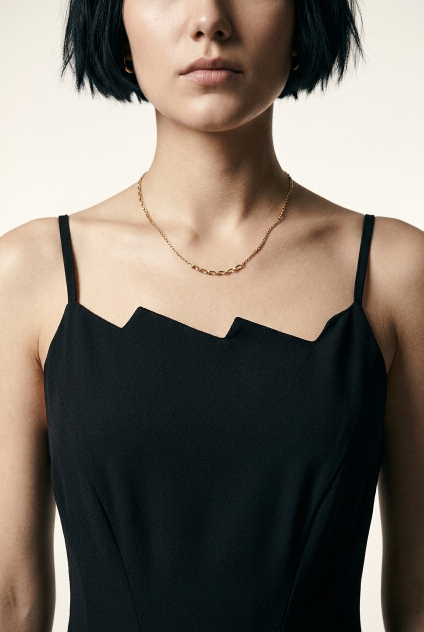A model with a short dark bob hairstyle wearing a black midi-length spaghetti strap dress with a unique scalloped neckline, paired with black strappy high-heeled sandals, standing against a warm off-white studio background.