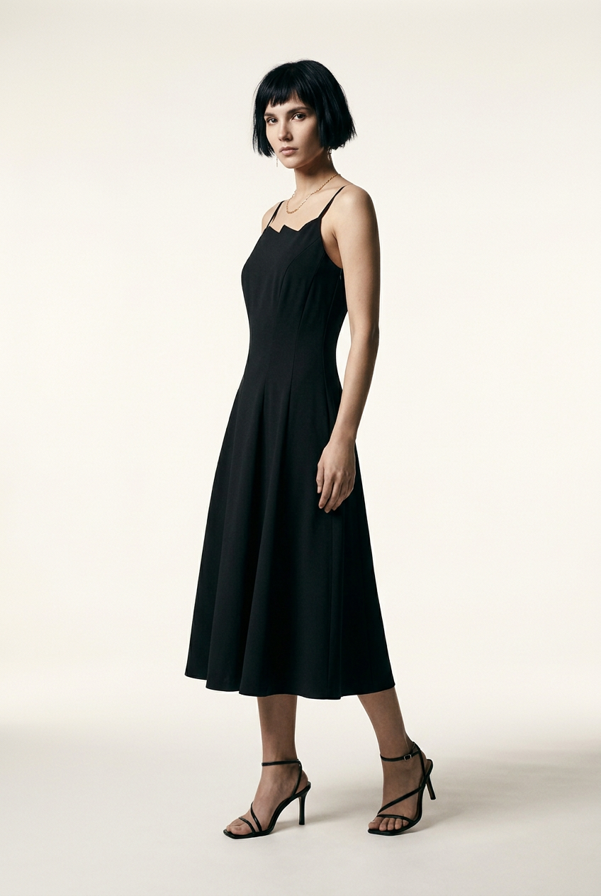 A model with a short dark bob hairstyle wearing a black midi-length spaghetti strap dress with a unique scalloped neckline, paired with black strappy high-heeled sandals, standing against a warm off-white studio background.