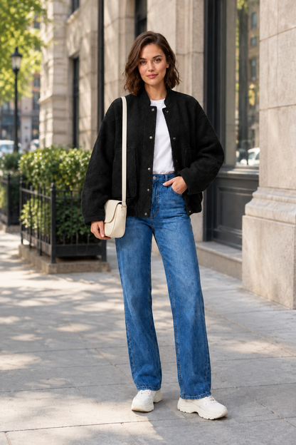 A woman stands in a studio wearing a black bomber jacket, blue jeans, a white t-shirt, white sneakers, and carrying a small cream-colored shoulder bag.