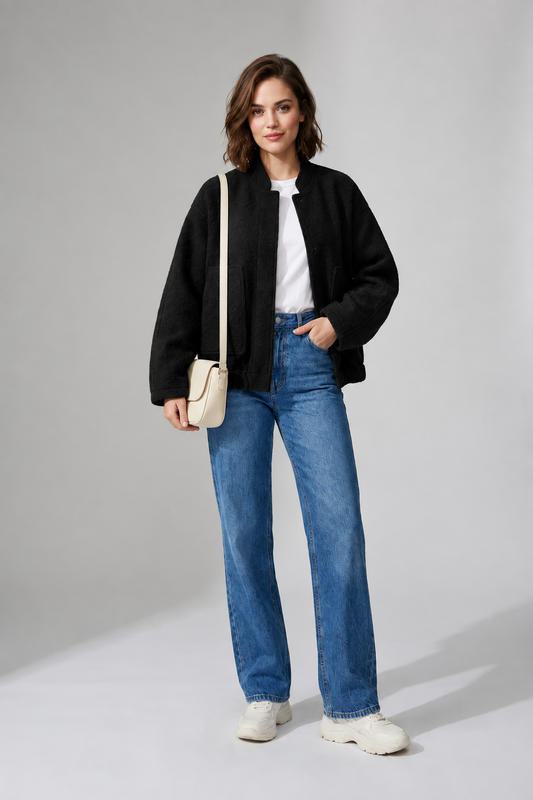 Oversized Bouclé Texture Bomber Jacket with Snap Buttons in Black, fabric detail (1 of 6)