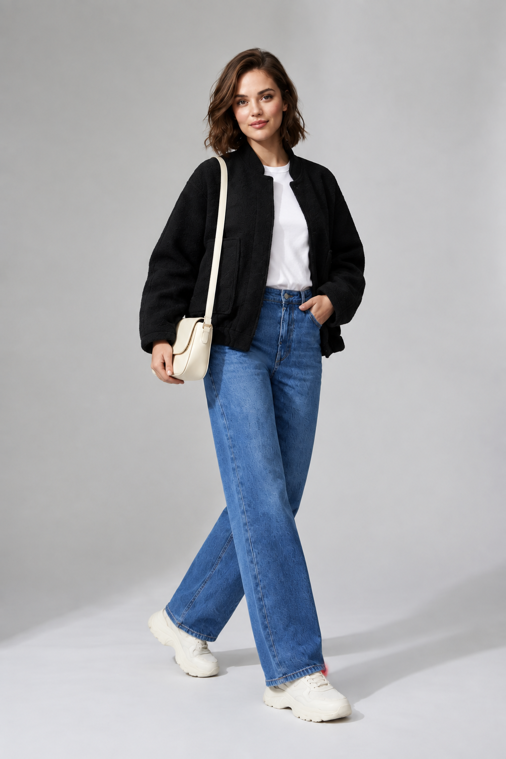 A woman stands in a studio wearing a black bomber jacket, blue jeans, a white t-shirt, white sneakers, and carrying a small cream-colored shoulder bag.