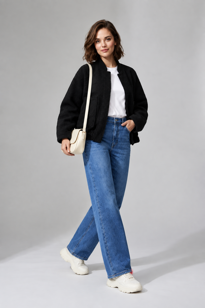 A woman stands in a studio wearing a black bomber jacket, blue jeans, a white t-shirt, white sneakers, and carrying a small cream-colored shoulder bag.