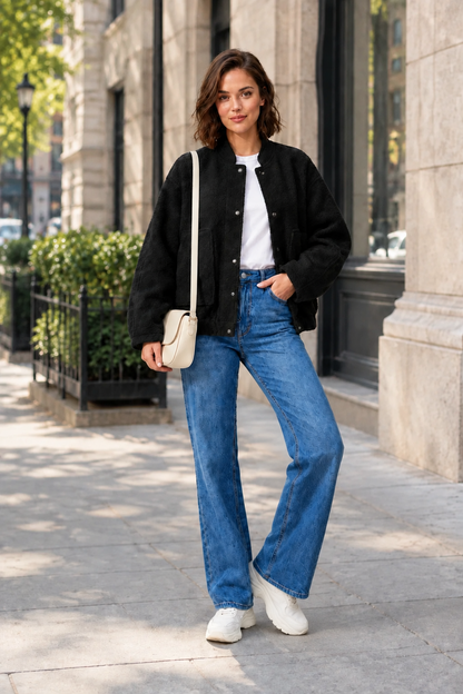 A woman stands on a city sidewalk wearing a black fuzzy cropped jacket over a white T-shirt, blue straight-leg jeans, and white sneakers, with a small cream crossbody bag.