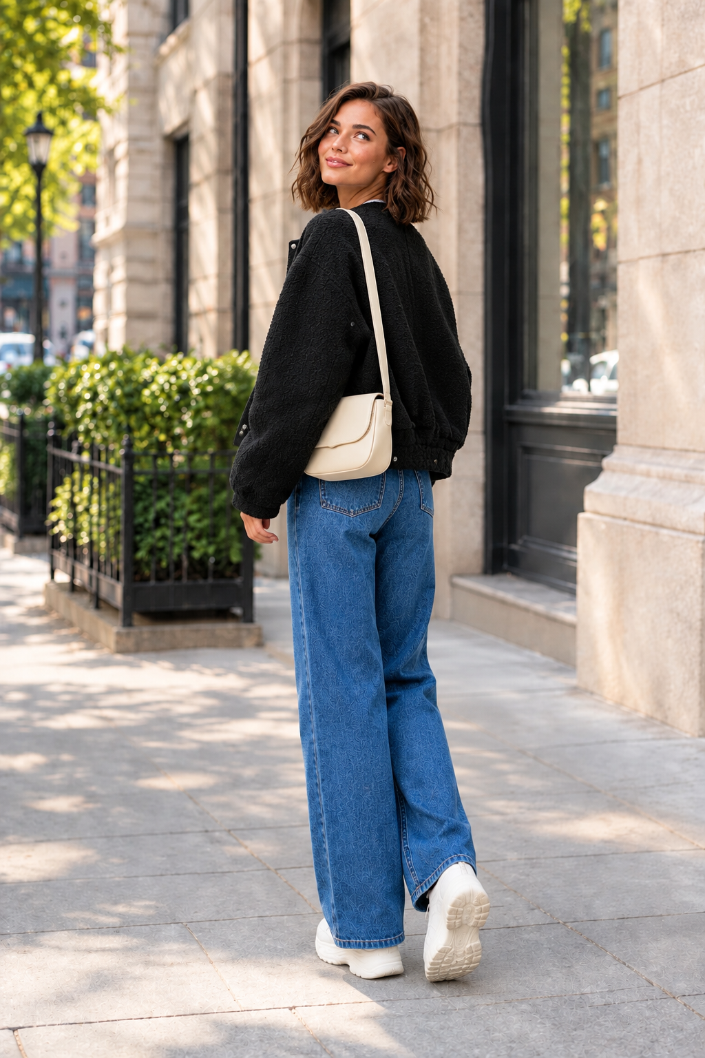 A woman stands on a city sidewalk wearing a black fuzzy button-front cardigan, blue wide-leg jeans, a white T-shirt, white sneakers, and carrying a small cream shoulder bag.