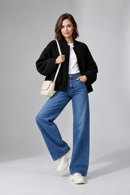 A woman stands in a studio wearing a black bomber jacket, blue jeans, a white t-shirt, white sneakers, and carrying a small cream-colored shoulder bag.