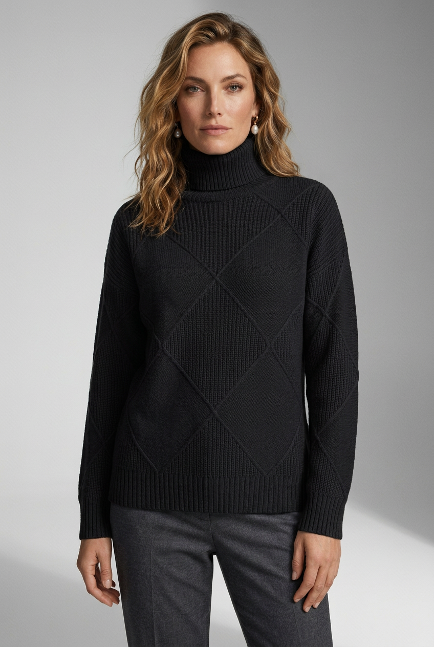 Oversized Diamond Knit Turtleneck Sweater for Women in Black, studio shot