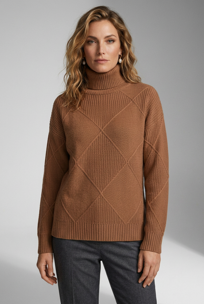 Oversized Diamond Knit Turtleneck Sweater for Women in Brown, studio shot