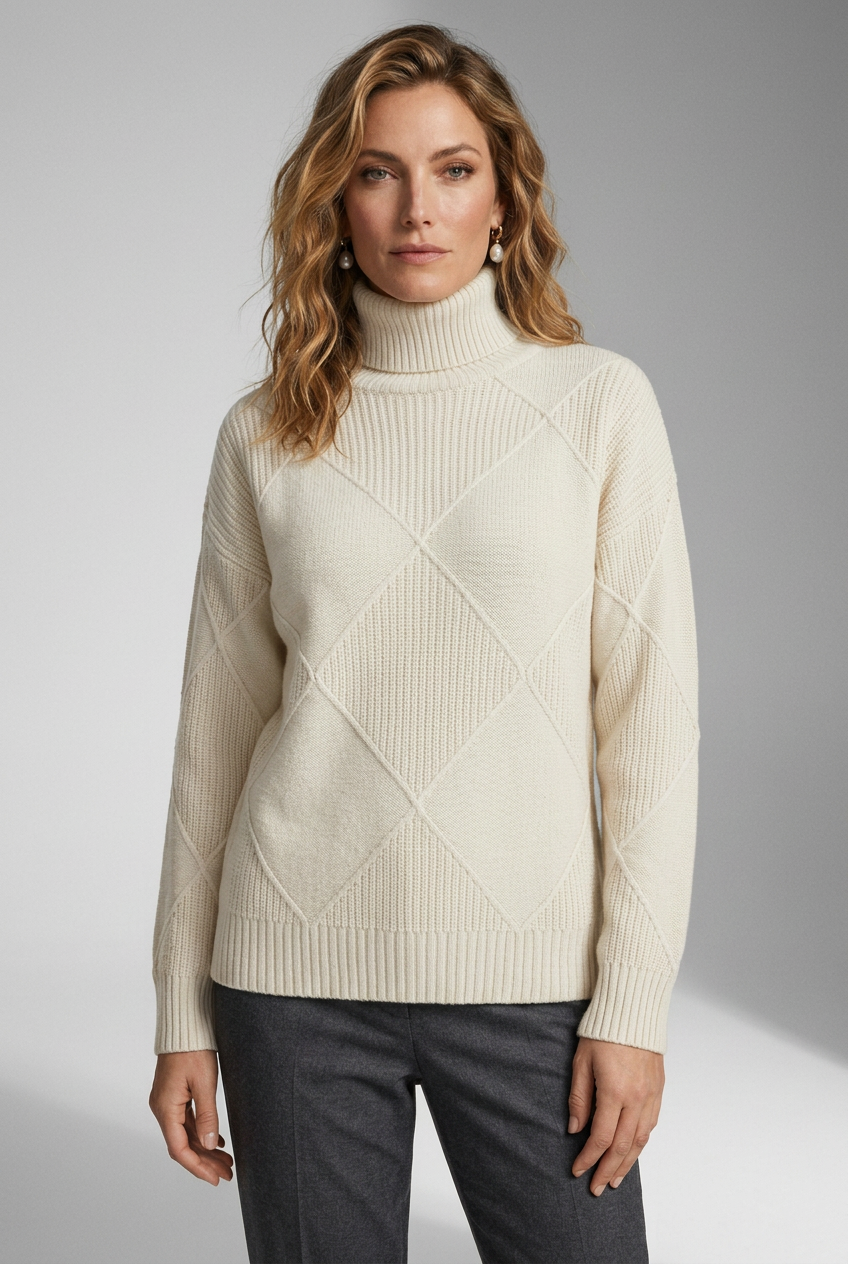 Oversized Diamond Knit Turtleneck Sweater for Women in Light beige, studio shot