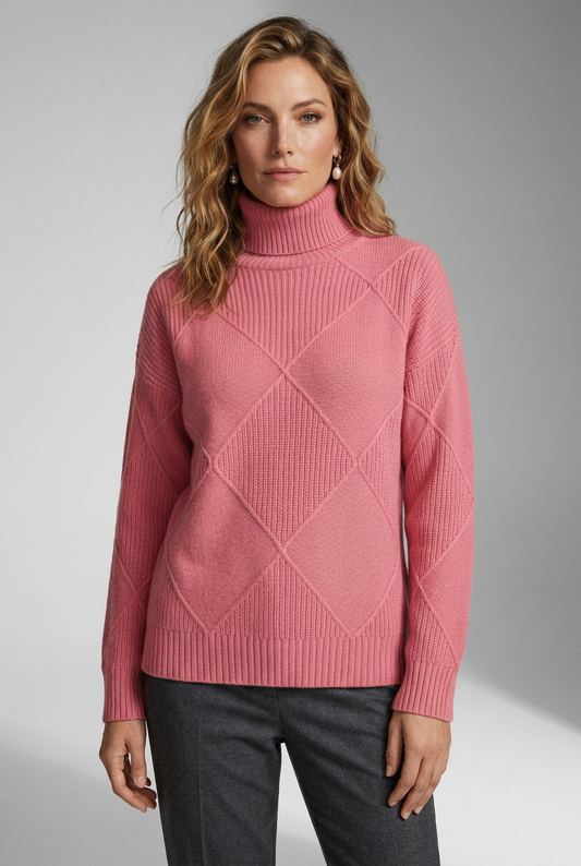 Oversized Diamond Knit Turtleneck Sweater for Women in Pink, studio shot (1 of 2)