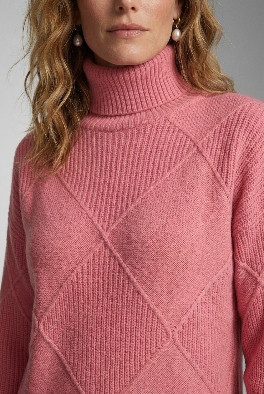 A woman modeling a pink ribbed turtleneck sweater with a diamond-shaped argyle knit pattern, paired with dark gray trousers, against a neutral gray studio background.