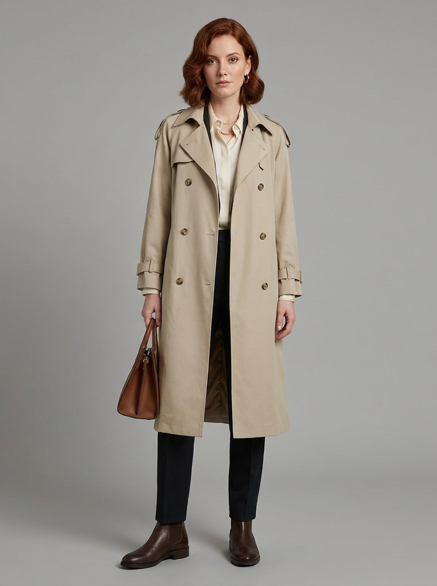A woman stands against a plain light gray studio background wearing a long beige trench coat over a cream blouse, dark trousers, brown ankle boots, and holding a brown leather handbag.