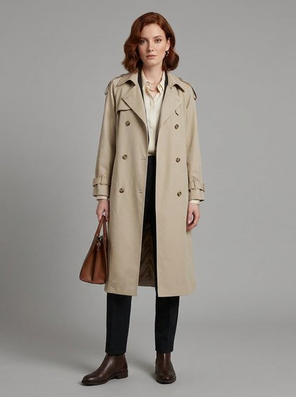 A woman stands against a plain light gray studio background wearing a long beige trench coat over a cream blouse, dark trousers, brown ankle boots, and holding a brown leather handbag.