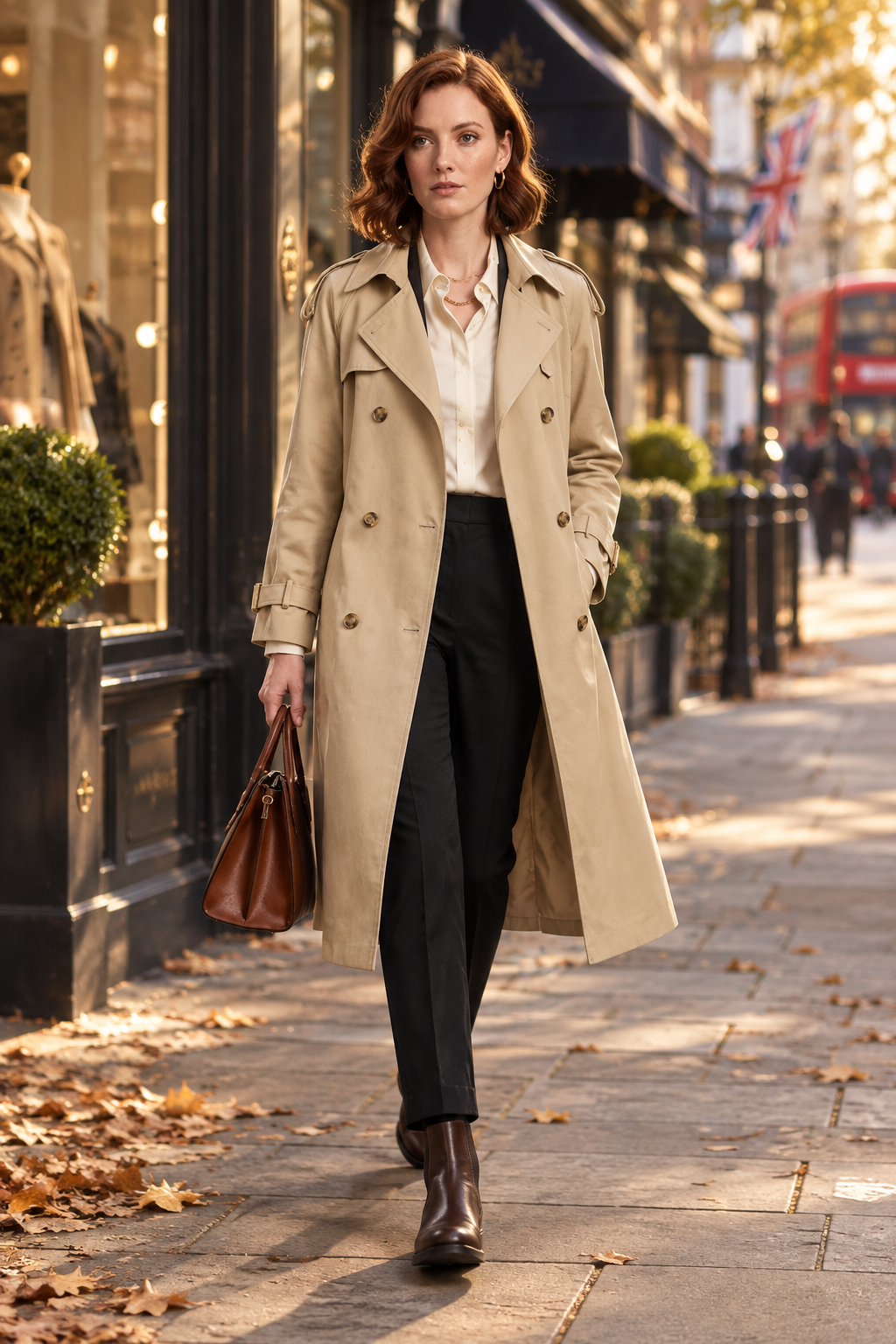 A woman walking on a city sidewalk wearing a long beige trench coat over a white blouse and black trousers, carrying a brown leather handbag.