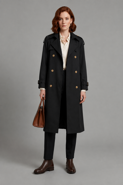 Oversized Double-Breasted Trench Coat with Belted Waist in Black, studio shot