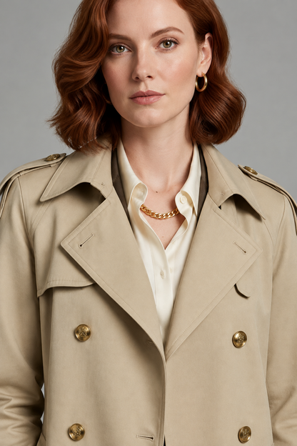 A close-up of a woman wearing a beige double-breasted trench coat over a cream shirt, with gold jewelry, against a plain gray studio background.