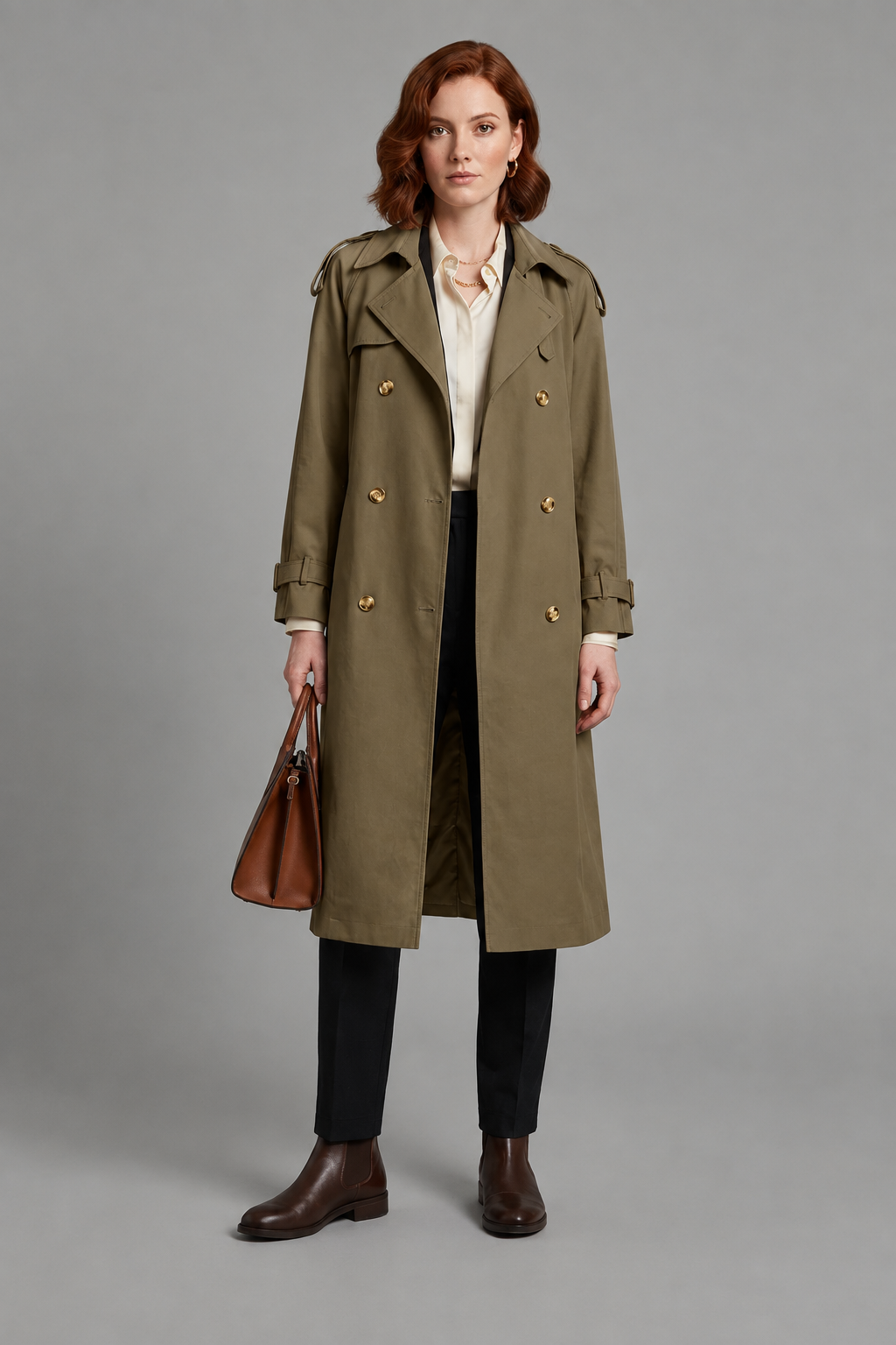 A woman stands against a plain light gray studio background wearing a long beige trench coat over a cream blouse, dark trousers, brown ankle boots, and holding a brown leather handbag.