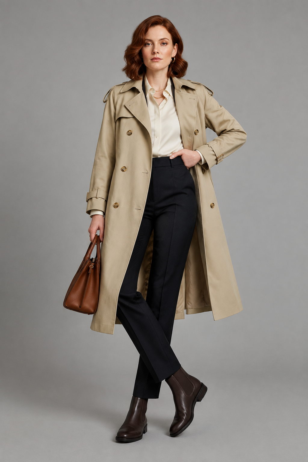 A woman models a classic beige trench coat over a cream shirt, black trousers, and dark brown leather boots, holding a brown leather handbag against a solid gray studio background.
