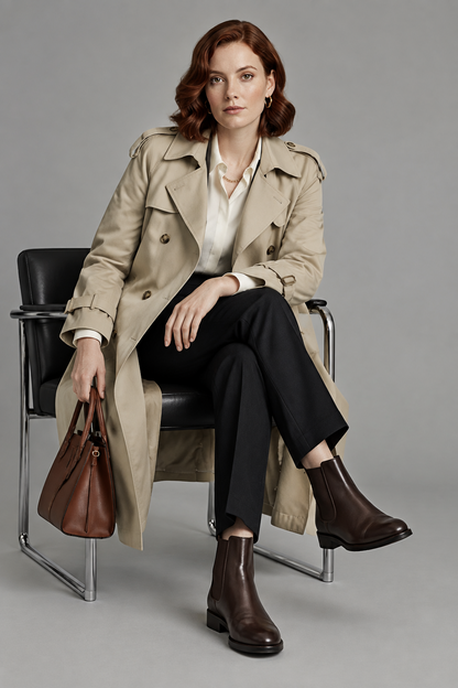 A woman seated in a black chair wearing a beige trench coat over a white blouse and black trousers, holding a brown leather handbag. She is wearing dark brown ankle boots against a plain gray studio background.