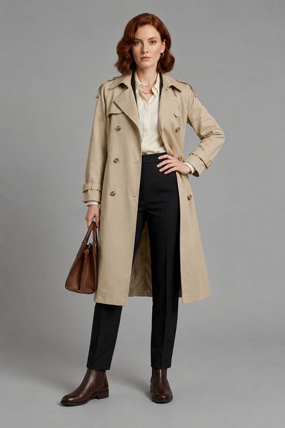 A woman stands against a plain gray studio background wearing a long beige trench coat over a cream blouse, black trousers, and brown ankle boots, while holding a brown leather handbag.