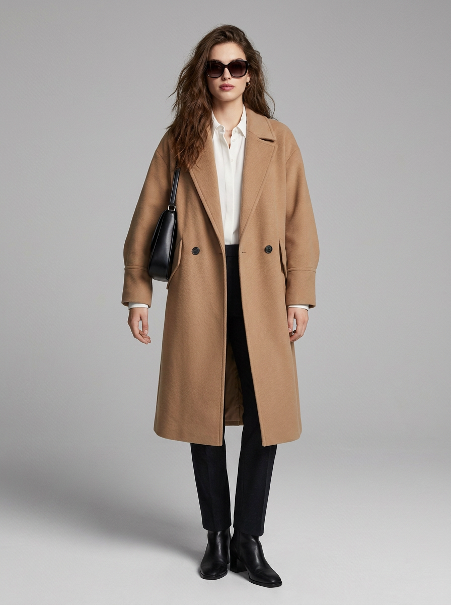 A woman models a long camel-colored double-breasted coat over a white collared shirt, black trousers, and black ankle boots, while wearing black sunglasses and carrying a black shoulder bag against a neutral gray studio background.