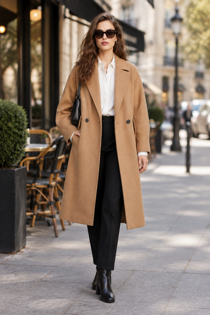 A woman walking on a city sidewalk wearing a long camel coat over a white button-up shirt and black trousers, with black ankle boots and a black shoulder bag.