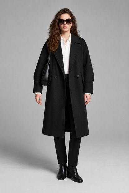 A woman models a long camel-colored double-breasted coat over a white collared shirt, black trousers, and black ankle boots, while wearing black sunglasses and carrying a black shoulder bag against a neutral gray studio background.