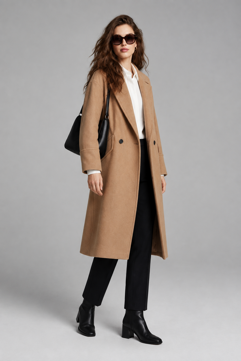 A woman models a long camel-colored wool coat over a white collared shirt, black trousers, and black ankle boots, while carrying a black shoulder bag against a neutral gray studio background.