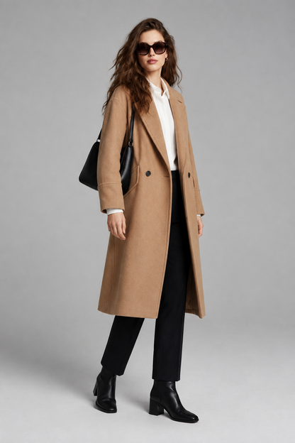 A woman models a long camel-colored wool coat over a white collared shirt, black trousers, and black ankle boots, while carrying a black shoulder bag against a neutral gray studio background.