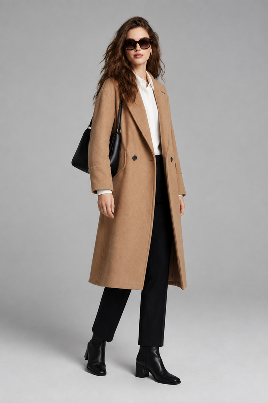 A woman models a long camel-colored wool coat over a white collared shirt, black trousers, and black ankle boots, while carrying a black shoulder bag against a neutral gray studio background.