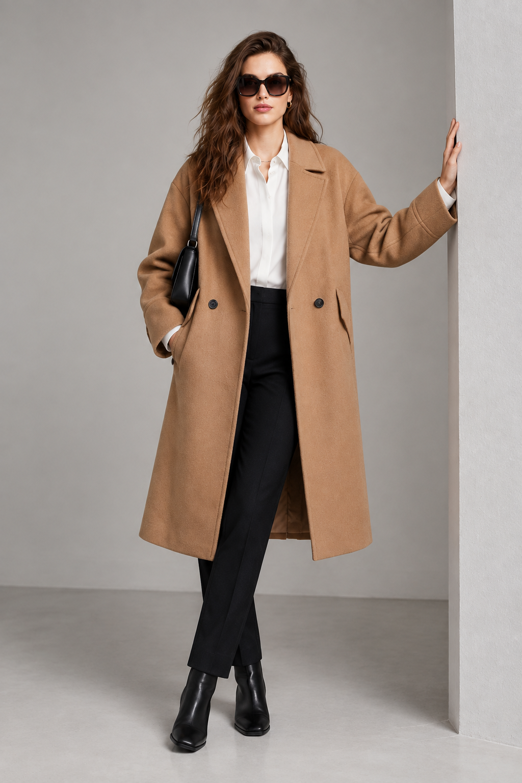 A woman stands in a studio wearing a long camel double-breasted coat over a white blouse and black trousers, with black ankle boots and a black shoulder bag.